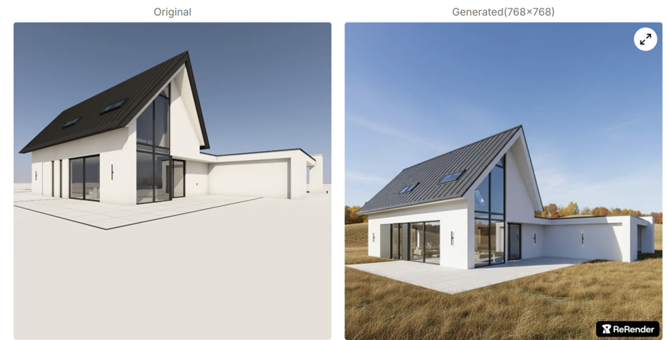Voor en na vergelijking: 3D schets naar realistische render van modern woonhuis met Rerender.ai