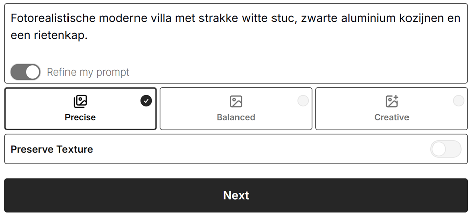 Rerender.ai generatie-instellingen met Precise, Balanced en Creative opties