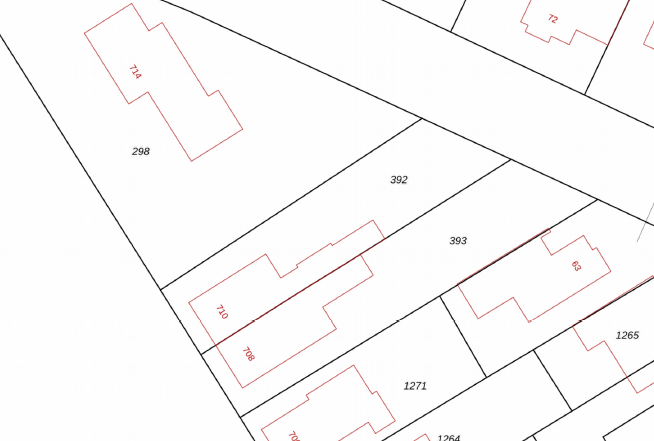 Kadastrale kaart huidige situatie met perceelsgrenzen en omgevingsanalyse
